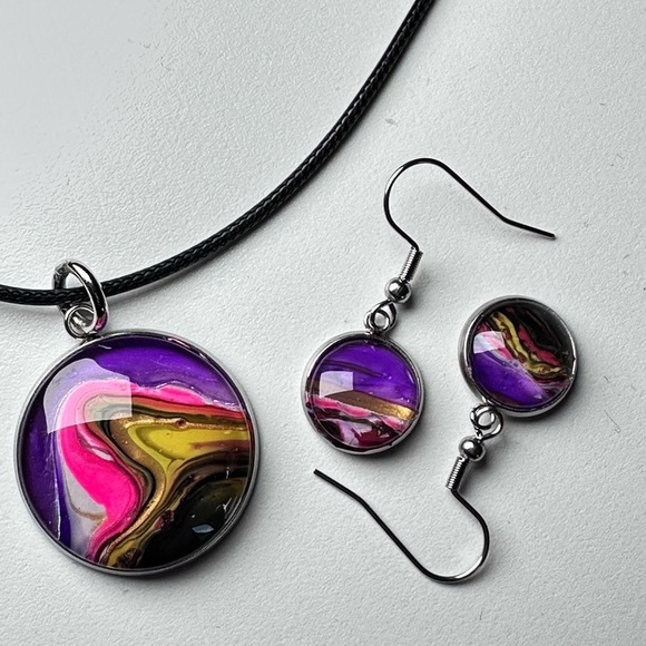 Vibrant Original Acrylic Pour Paint Abstract Art signed Jewelry Set 4185 B - Picture 5 of 11